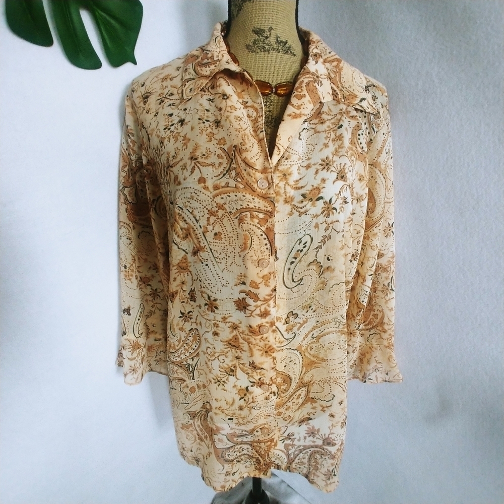 Notations Damask Sheer Button Blouse Top